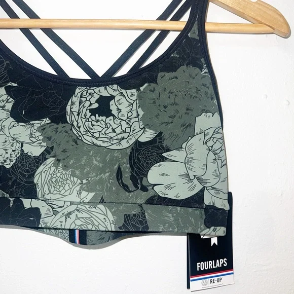 Four Laps vitality athletic fit peonies print thyme olive green new bra - Picture 2 of 14